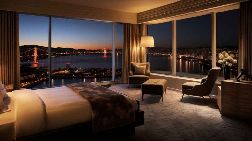 Modern luxury bedroom with a large double bed with panoramic windows overlooking the cityscape, panorama. High building. Accommodation in a hotel or apartment.
