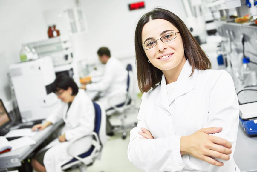 Portrait of pharmaceutical scientific female researcher at pharmacy industry manufacture factory laboratory