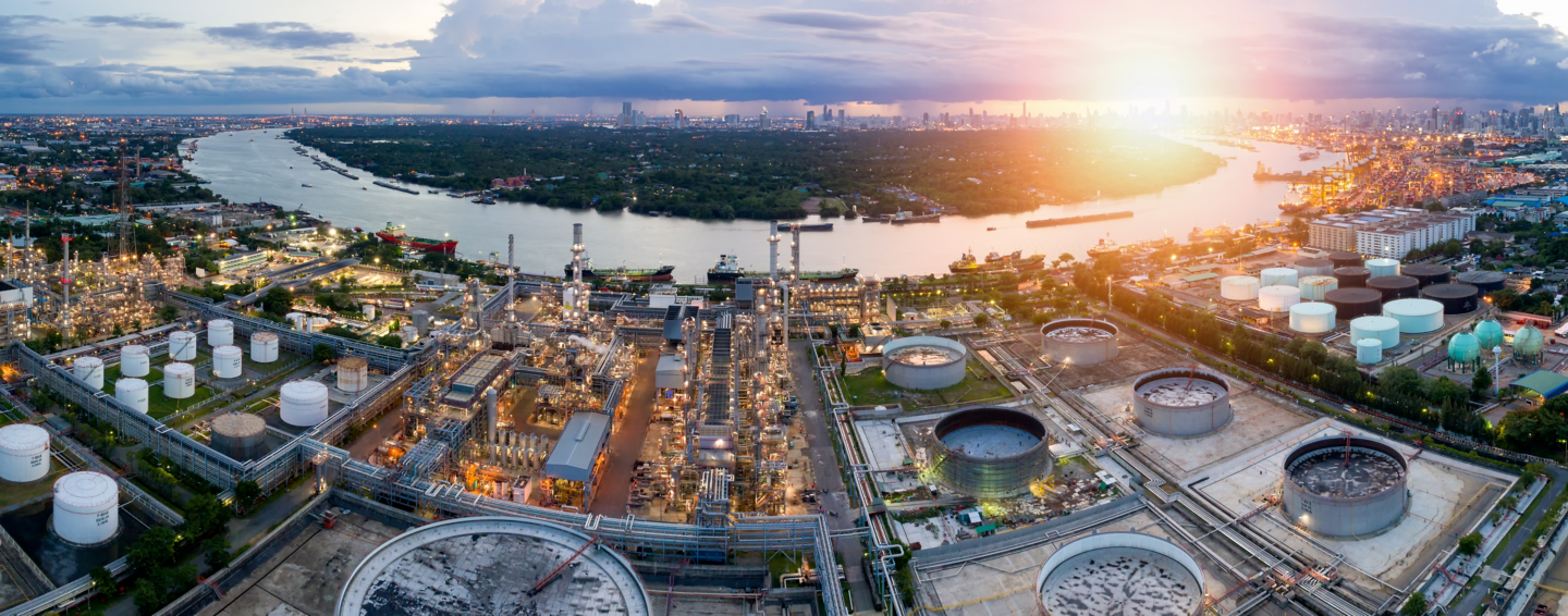 Aerial view of twilight of oil refinery ,Shot from drone of Oil refinery and Petrochemical plant at dusk , Bangkok, Thailand