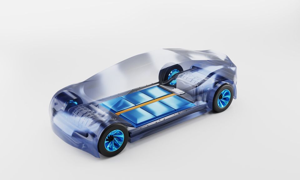 Inside electronic car. battery pack rechargeable cells inside. chassis components. 3d Illustration