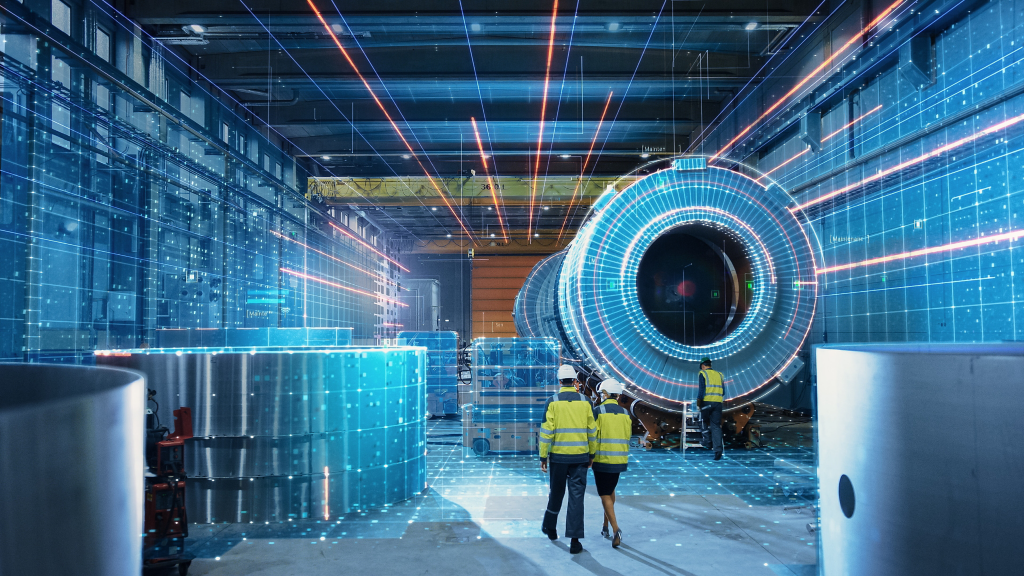 Futuristic Technology Concept: Team of Engineers and Professionals Workers in Heavy Industry Manufacturing Factory that is Digitalized with Graphics into Digital Twin of Industry 4.0 High Tech