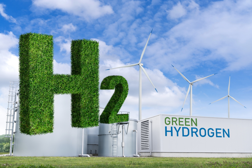 Green hydrogen factory concept. Hydrogen production from renewable energy sources