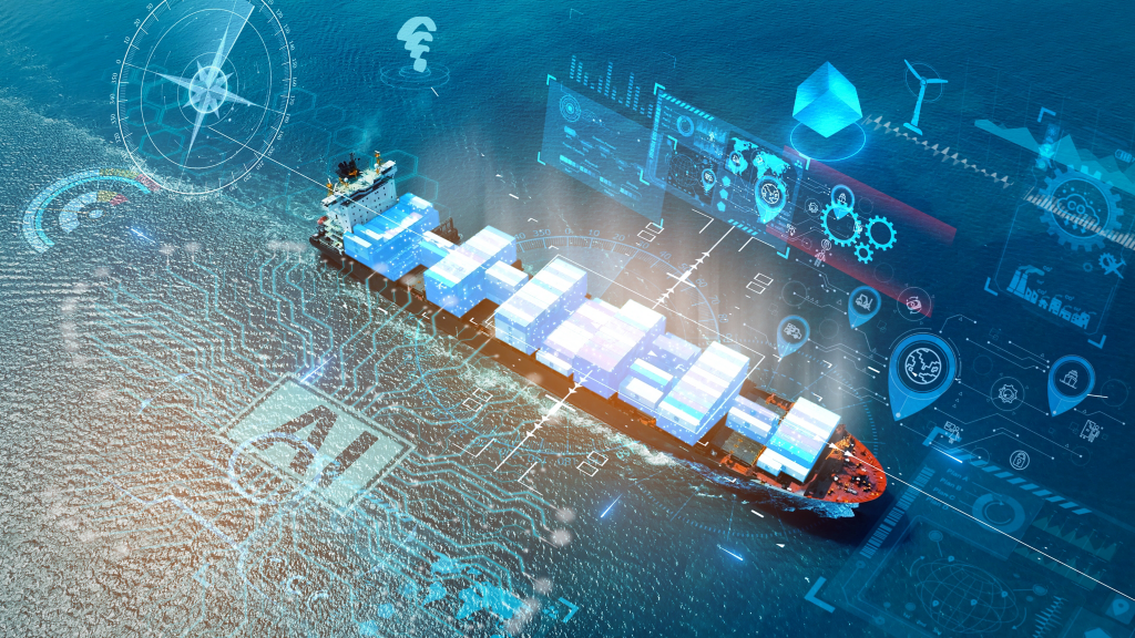 AI technology. Global Logistics international delivery concept, World map logistic and supply chain network distribution container Ship running for export import to customs cean concept isometric