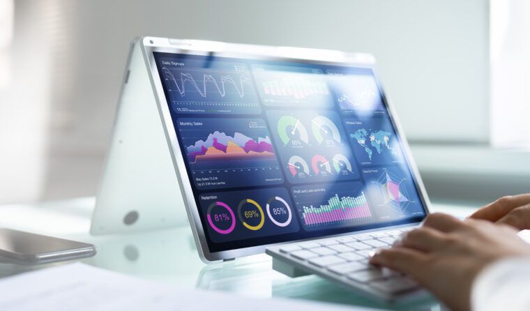 African Businesswoman Using Analytics Data KPI Dashboard Tech